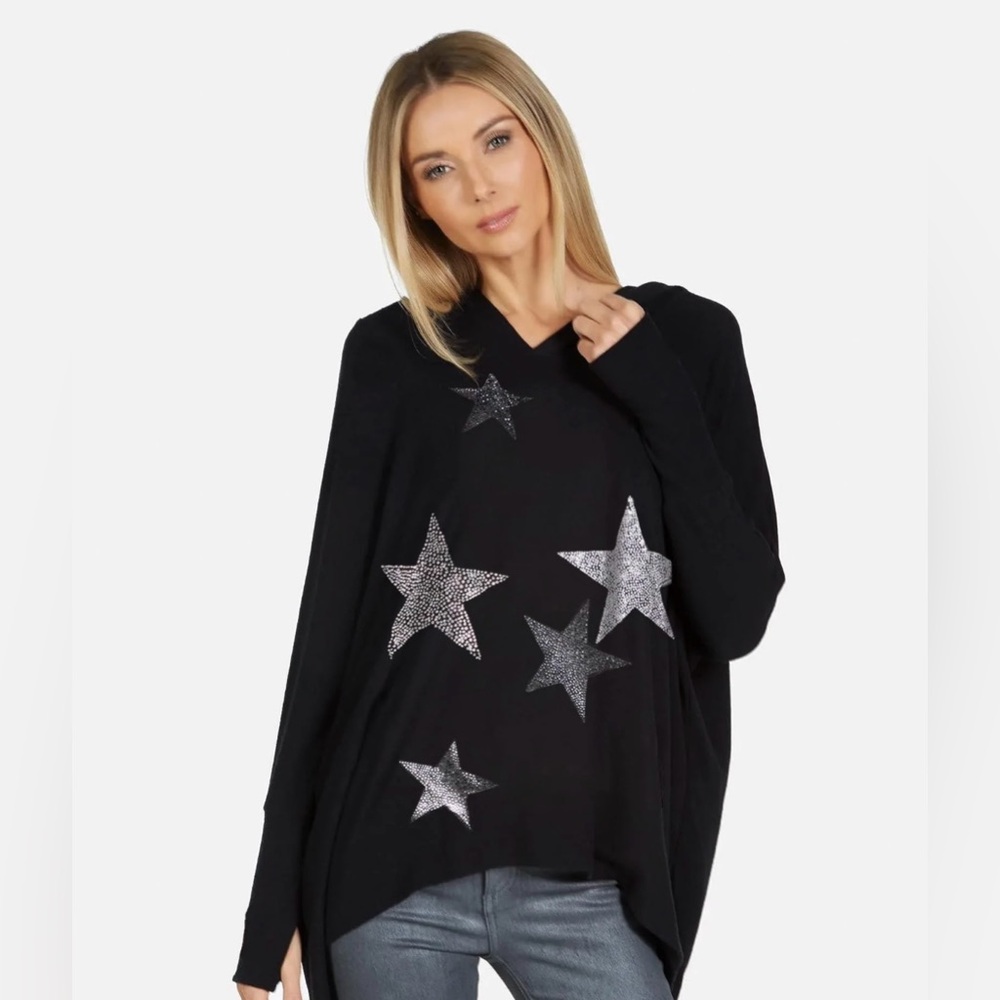 new Lauren Moshi X Crystals Multistar Oversized Pullover Hoodie ᨎ Black ᨎ XL